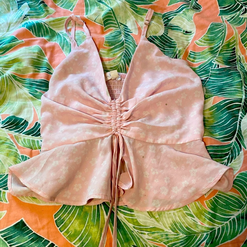 size small summer top, pink with hibiscus pattern